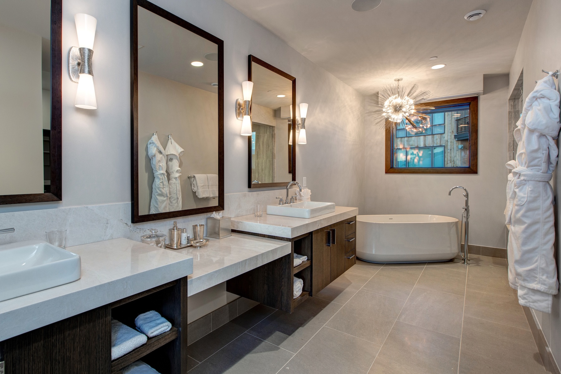 Luxury Park City vacation rental bathroom with spacious shower, tub and incredible views of Deer Valley resort