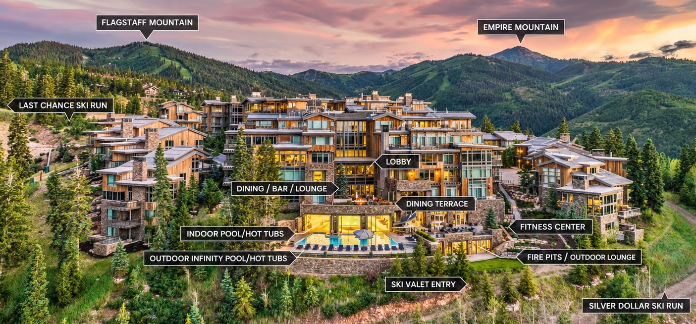 Exterior view and map of Stein Eriksen Residences Ski in Ski Out accommodations in Deer Valley Utah