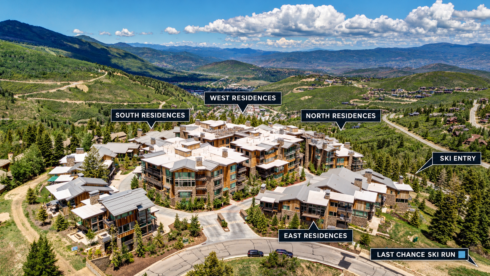 Exterior view and map of Deer Valley ski in ski out rentals at Stein Eriksen Residences