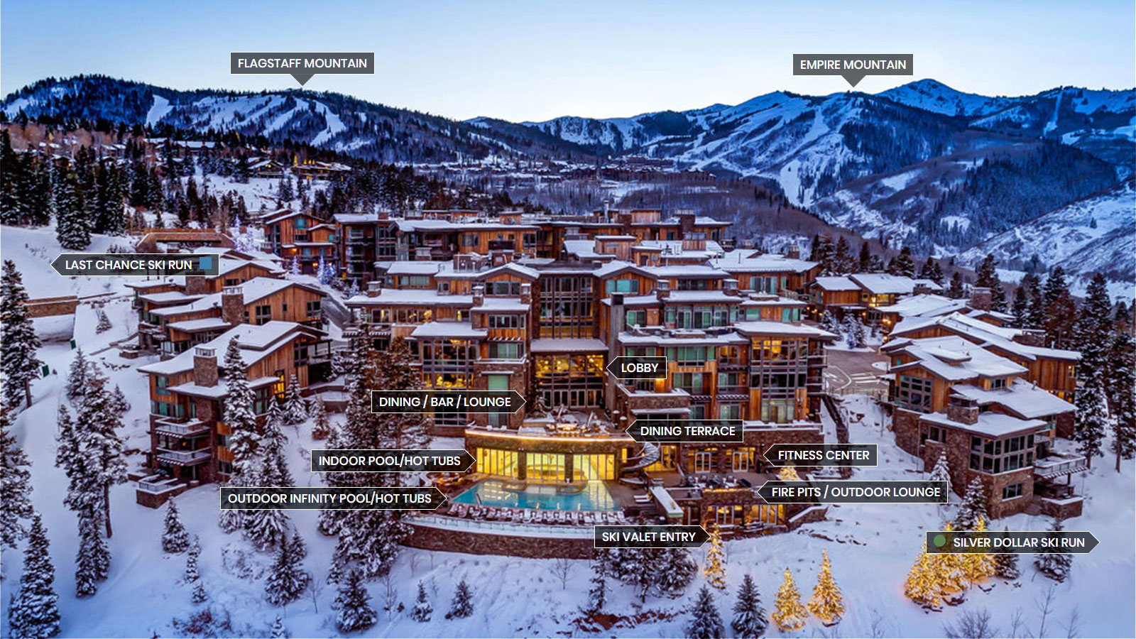 Exterior view and map of Stein Eriksen Residences Ski in Ski Out accommodations in Deer Valley Utah